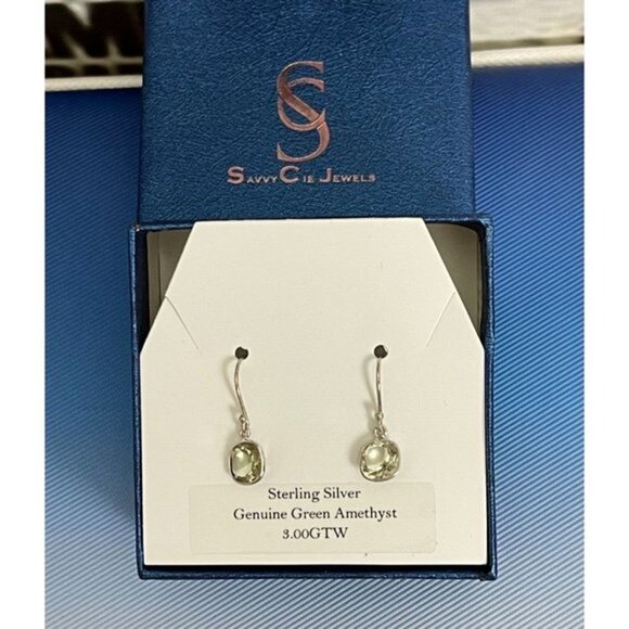 Savvy Cie Jewels Sterling Silver Green Amethyst Cut Bezel Stone Drop Earrings - Picture 1 of 4